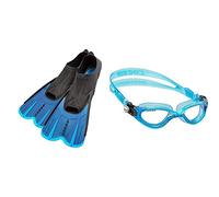 Cressi Agua Short Self Adjusting Pinne Lunge e Corte per Immersioni + DE202320 Occhialini Nuoto a Oculari Separati con Lenti Infrangibili Antiappannamento, Blu/Bianco/Lenti Chiare