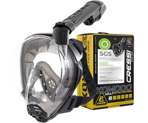 CRESSI dal 1946-Komodo Full Face Maschera Integrale Dry da Snorkeling Visione a 180°-CO2 Sicuro-Silicone 100% Anti Appannamento-Snorkel Laterale-Cinghie Elastiche Regolabili-Nero/Nero-S/M