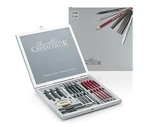 CRETACOLOR Artist Set Silver Box 17 pezzi in esclusiva cassetta di legno, set di alta qualità, vari materiali da disegno, in raser