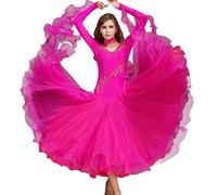 CRETUAO Abiti Ballo Sala Donna,Abito Competizione Foxtrot Waltz con Ricami squisiti montati su Diamanti, Abito da Ballo Moderno a Maniche Lunghe da Ballo,Rose Red,L