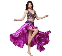 CRETUAO Abito Danza del Ventre da Donna, Reggiseno e Cintura Imbottiti con Top Corto, Tribale Festival per Abito Festa Maschera, Gonna Spacco Chiffon Scintillante Completo 3 Pezzi,Viola,L