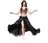CRETUAO Abito Danza del Ventre da Donna, Reggiseno e Cintura Imbottiti con Top Corto, Tribale Festival per Abito Festa Maschera, Gonna Spacco Chiffon Scintillante Completo 3 Pezzi,Nero,L