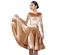 CRETUAO Costume da Ballo da Sala da Ballo Latino in Velluto per Ragazze,Abito da esibizione per la Pratica della Competizione di Salsa Moderna a Maniche Lunghe,Gold Long Sleeves,XL