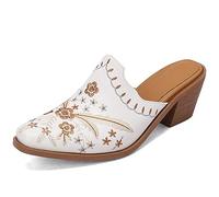 CRETUAO Sandali con Punta Chiusa Ricamati da Donna,Muli in Pelle Comodi e Casual,Zoccoli Country alla Moda con Tacco Grosso Pantofole Western,Bianca,35 EU