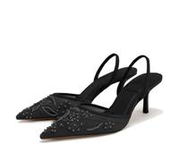 CRETUAO Scarpe col Tacco a Spillo con Cinturino Posteriore e Fiocco da Donna, Tacchi a Gattino con Punta affilata, Perline Ricamate in Rete, Scarpe da Sposa per Feste e Matrimoni,1 Black,38 EU