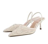 CRETUAO Scarpe col Tacco a Spillo con Cinturino Posteriore e Fiocco da Donna, Tacchi a Gattino con Punta affilata, Perline Ricamate in Rete, Scarpe da Sposa per Feste e Matrimoni,1 White,36 EU