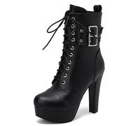 CRETUAO Stivaletti con Tacco Alto con Plateau da Donna,Stivali da Combattimento Punta Tonda con Cerniera Laterale con Tacco Grosso Sexy,Stivaletti Cosplay Punk alla Moda,Black5,45 EU