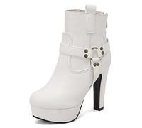 CRETUAO Stivaletti con Tacco Alto con Plateau da Donna,Stivali da Combattimento Punta Tonda con Cerniera Laterale con Tacco Grosso Sexy,Stivaletti Cosplay Punk alla Moda,White7,47 EU