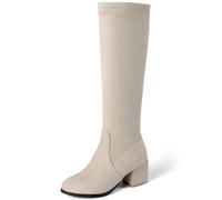 CRETUAO Stivali Alti al Ginocchio in Pelle Scamosciata da Donna, Stivaletti Alti Comodi con Punta Tonda e Tacco Medio Grosso con Cerniera Laterale,Beige,39 EU