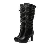 CRETUAO Stivali Alti al Ginocchio Tacco Alto Donna,Stivali Cavaliere Fibbia Rivetto alla Moda,Stivali Lunghi Tacco Alto Steampunk Sexy,Décolleté Cerniera PosteriorePannello in Pizzo,Nero,40 EU