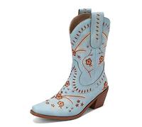 CRETUAO Stivali da Cowgirl Ricamati da Donna,Stivali Western con Tacco Basso e Grosso Floreale Classico,Stivali da Sposa a metà Polpaccio con Punta a Punta Larga,Blu,36 EU