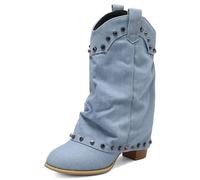 CRETUAO Stivali ripiegabili con Rivetti Moda Donna,Stivali di Jeans Larghi al Polpaccio con Punta Tonda,Stivali Classici con Frange con Tacco Spesso e Stivali al Polpaccio,1 Light Blue,37 EU