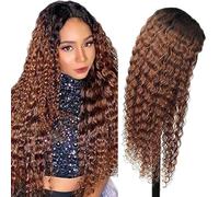 Creuost 4x4 Transparent Lace Front Wig Kinky Curly Parrucca Donna Capelli Veri Umani 150% Density Brasiliani Virgin Hair 1B/30 Ombre Brown No Shedding No Smell For Women 28 Inch