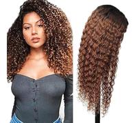 Creuost 4x4 Transparent Lace Front Wig Kinky Curly Parrucca Donna Capelli Veri Umani 150% Density Brasiliani Virgin Hair 1B/30 Ombre Brown No Shedding No Smell For Women 14 Inch