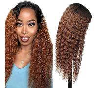 Creuost 4x4 Transparent Lace Front Wig Kinky Curly Parrucca Donna Capelli Veri Umani 150% Density Brasiliani Virgin Hair 1B/30 Ombre Brown No Shedding No Smell For Women 30 Inch