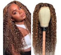 Creuost 4x4 Transparent Lace Front Wig Kinky Curly Parrucca Donna Capelli Veri Umani 150% Density Brasiliani Virgin Hair p4/30 Highlight Brown Brown No Shedding No Smell For Women 14 Inch
