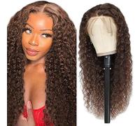 Creuost 4x4 Transparent Lace Front Wig Water Wave Parrucca Donna Capelli Veri Umani 150% Density Brasiliani Virgin Hair #4 Chocolate Brown No Shedding No Smell For Women 32 Inch