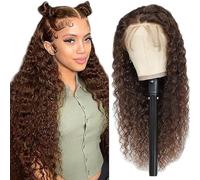 Creuost 4x4 Transparent Lace Front Wig Water Wave Parrucca Donna Capelli Veri Umani 150% Density Brasiliani Virgin Hair #4 Chocolate Brown No Shedding No Smell For Women 28 Inch