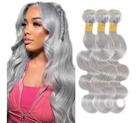 Creuost Parrucca Donna Capelli Veri Umani Body Wave Bundles Human Hair Extensions Unprocessed Brazilian Virgin Hair Grey Weave 3 Bundles Total 150g For Women 18 20 22 Inch
