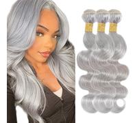 Creuost Parrucca Donna Capelli Veri Umani Body Wave Bundles Human Hair Extensions Unprocessed Brazilian Virgin Hair Grey Weave 3 Bundles Total 150g For Women 22 24 26 Inch