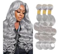 Creuost Parrucca Donna Capelli Veri Umani Body Wave Bundles Human Hair Extensions Unprocessed Brazilian Virgin Hair Grey Weave 3 Bundles Total 150g For Women 28 30 32 Pollice
