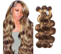 Creuost Parrucca Donna Capelli Veri Umani Body Wave Bundles Human Hair Extensions Unprocessed Brazilian Virgin Hair P4/27 Highlight Brown Weave 3 Bundles Total 300g For Women 16 18 20 Inch