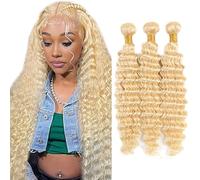 Creuost Parrucca Donna Capelli Veri Umani Deep Wave Bundles Human Hair Extensions Unprocessed Brazilian Virgin Hair #613 Light Blonde Weave 3 Bundles Total 150g For Women 12 14 16 Pollice
