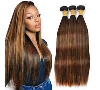 Creuost Parrucca Donna Capelli Veri Umani Straight Bundles Human Hair Extensions 100% Unprocessed Brazilian Virgin Hair P4/30 Highlight Brown Weave 3 Bundles Total 300g For Women 20 22 24 Inch