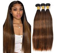 Creuost Parrucca Donna Capelli Veri Umani Straight Bundles Human Hair Extensions 100% Unprocessed Brazilian Virgin Hair P4/30 Highlight Brown Weave 3 Bundles Total 300g For Women 14 16 18 Inch