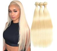 Creuost Parrucca Donna Capelli Veri Umani Straight Bundles Human Hair Extensions 100% Unprocessed Brazilian Virgin Hair #613 Blonde Weave 3 Bundles Total 300g For Women 22 24 26 Inch