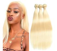 Creuost Parrucca Donna Capelli Veri Umani Straight Bundles Human Hair Extensions 100% Unprocessed Brazilian Virgin Hair #613 Blonde Weave 3 Bundles Total 300g For Women 12 14 16 Pollice