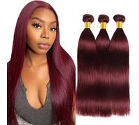Creuost Parrucca Donna Capelli Veri Umani Straight Bundles Human Hair Extensions 100% Unprocessed Brazilian Virgin Hair #99J Burgundy Weave 3 Bundles Total 300g For Women 20 22 24 Pollice