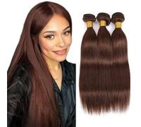 Creuost Parrucca Donna Capelli Veri Umani Straight Bundles Human Hair Extensions Unprocessed Brazilian Virgin Hair #4 Chocolate Brown Weave 3 Bundles Total 150g For Women 28 30 32 Pollice