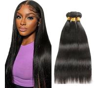 Creuost Parrucca Donna Capelli Veri Umani Straight Bundles Human Hair Extensions Unprocessed Brazilian Virgin Hair #1b Natural Black Weave 3 Bundles Total 300g For Women 22 24 26 Inch