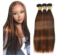 Creuost Straight Bundles Human Hair Extension Capelli parrucca donna capelli veri umani Brazilian Virgin Hair Weave Double Weft p4/30 Highlight Brown 3 Bundles Total 300g 20 22 24 Pollice