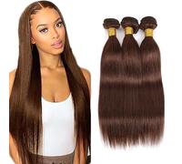 Creuost Straight Bundles Human Hair Extensions Parrucca Donna Capelli Veri Umani 100% Unprocessed Brazilian Virgin Hair Chocolate Brown Weave 3 Bundles Total 300g For Women 30 32 34 Inch