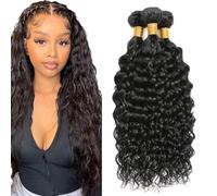 Creuost Water Wave Human Hair Bundles 1B Natural Black Perrucche Donna Extensions Double Weft Unprocessed Brazilain Remy Hair Weave Extension With Minimal Tangle 3 Bundles Total 300g 16 18 20 Inch