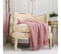 CREVENT Coperta decorativa per divano in tinta unita, lavorata a maglia, con frange, per ragazze, morbida, calda, accogliente, leggera, per primavera estate (127 x 152 cm, rosa polvere/corallo)