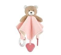 CREVENT Coperta di Sicurezza 3-in-1 per Bambini con Dentina & Sonaglio | Coperta di Sicurezza in Morbido Peluche con Testa di Animale da Mordere, Regalo di Compleanno - Orso Rosa