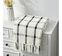 CREVENT Coperta in ciniglia traspirante, morbida e calda, 127 x 152 cm, per divano letto, decorazione per la casa con nappe (nero e bianco)