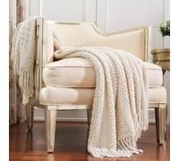 CREVENT Coperta lavorata a maglia, per divano, sedia, letto, decorazione per la casa, morbida, calda, accogliente, leggera (127 x 152 cm, beige/avorio)