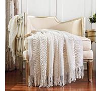 CREVENT Coperta lavorata a maglia, per divano, sedia, letto, decorazione per la casa, morbida, calda, accogliente, leggera (127 x 152 cm, panna/bianco)
