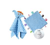 CREVENT, Copertina di conforto per neonati e bambini, morbida e confortevole, con davanti in minky a pois e retro in pile, con peluche a forma di animale (dinosauro blu, nastrino etichetta)