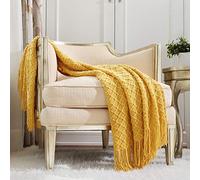 CREVENT Plaid decorativo lavorato a maglia per divano, poltrona, letto, morbido, caldo, accogliente e leggero, per primavera ed estate (127 x 152 cm, giallo mostarda)