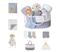 CREVENT Set per neonati - Cestino per pannolini con 2 coperte, 1 Taggie, 1 Lovey, 3 calze, 1 sacchetto regalo con fiocco - Welcome Essential Gift Set (neutro)