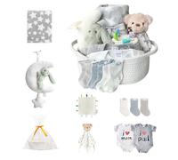 CREVENT Set regalo per ragazze e ragazzi - Cestino per pannolini con 1 coperta, 1 Taggie, 1 peluche, 3 calzini, 2 body per neonati, 1 borsa regalo, la cosa più importante per neonati (bianco)