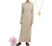 Crew Neck Sleeved Knit Midi Dress, Women Long Sleeve Elegant Bodycon Ribbed Dresses, Fall Slim Fit Sweater Long Dress (L,Stone)