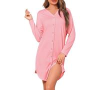 Crewhpo Camicia da Notte Donna Cotone Camicie Notte a Maniche Lunghe Comodo Vestaglia Ospedale Scollo a V Pigiama Aperta Davanti con Bottoni Rosa L