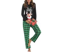 Crewhpo iClosam Pigiama Natalizio Donna Invernale a Quadri Due Pezzi Pigiami Natalizi in Cotone Lungo con Tasche Laterali Regalo di Natale S-XXL