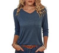 Crewhpo Maglia Donna Maniche Tre Quarti con Tasca Scollo a V Casual | Tocco Leggero, Scollo a V, Tasca sul Petto, Taglio Morbido, Look Casual, Estate Ufficio e Tempo Libero Quotidiano